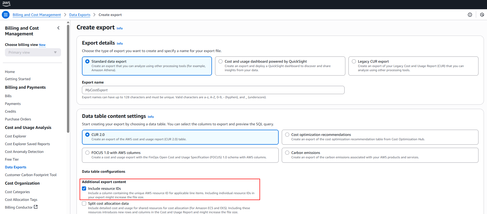 AWS Export Content Configuration