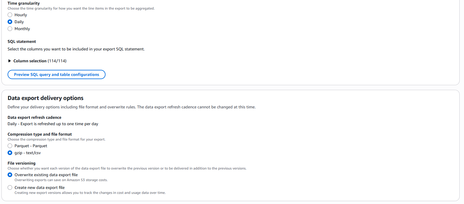 AWS Export Content Configuration continued